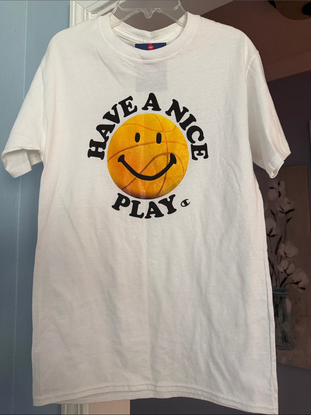 Champion White Short Sleeve Tee with Yellow Smiley Basketball Graphic